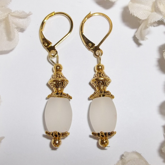 wvluckygirl Jewelry - Earring Set White Frost Beach Glass & Gold 4542
